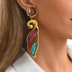 Angèle long clip-on earrings - orange and purple