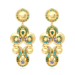 Gloria clip-on earrings in gold metallic resin and green crystals