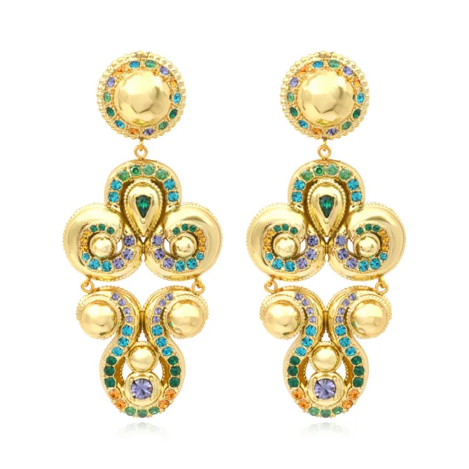 Gloria clip-on earrings in gold metallic resin and green crystals