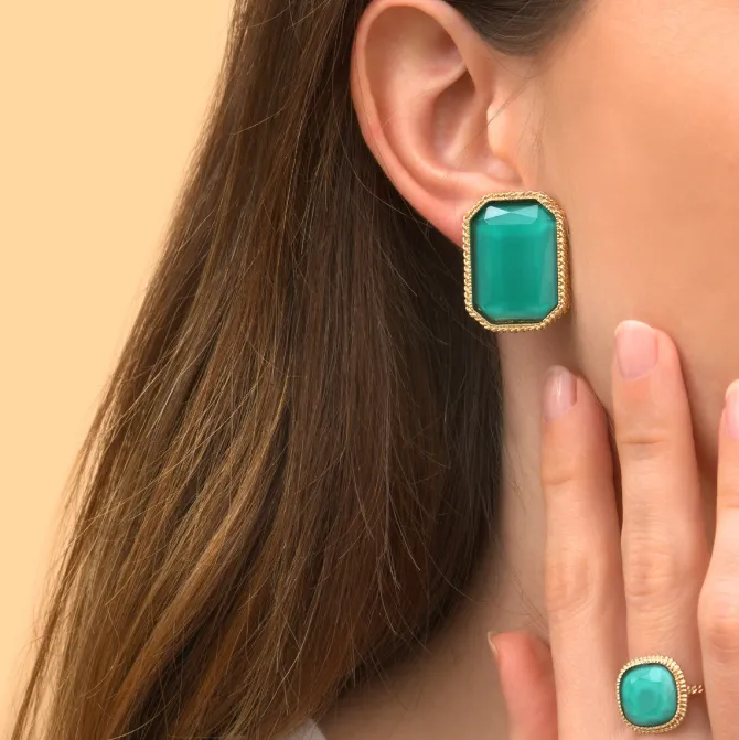 Louise rectangular clip-on earrings - turquoise