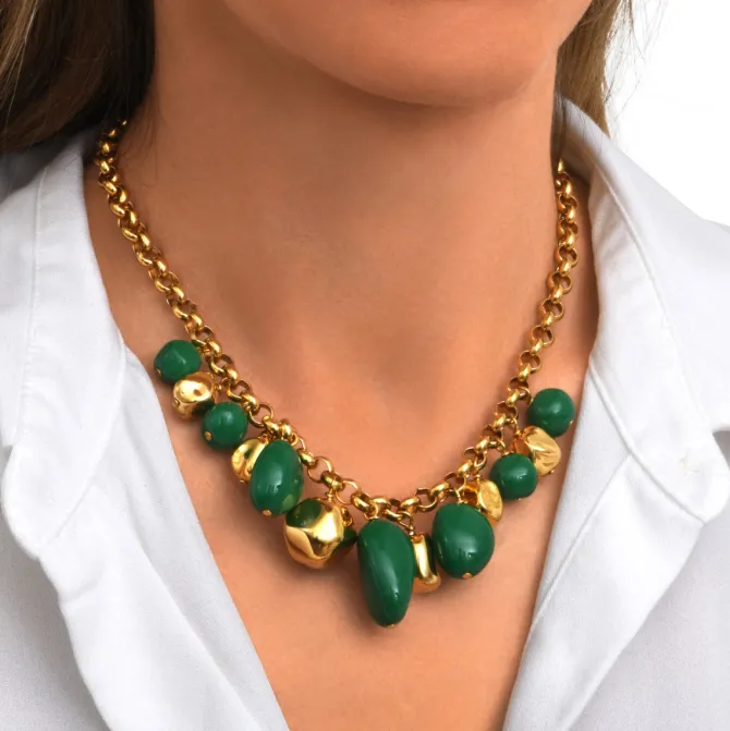 Loulou chunky chain necklace – green and gold