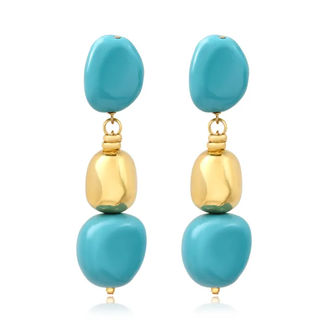 Loulou long clip-on earrings – turquoise and gold