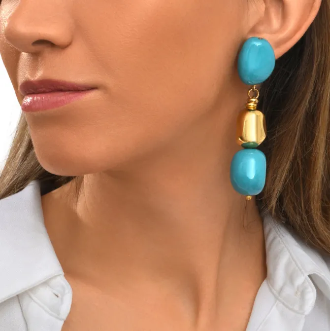 Loulou long clip-on earrings – turquoise and gold