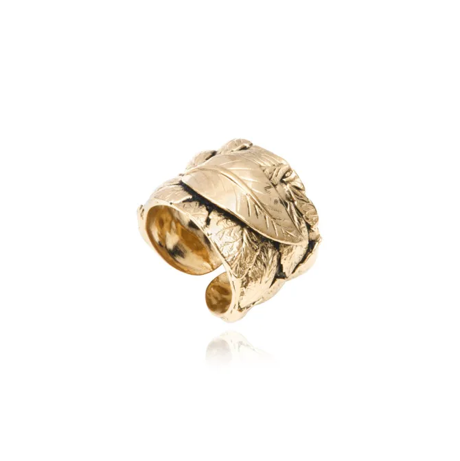 Lucy adjustable foliage ring in fine gold-plated metal - white