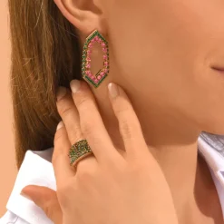 Precious pierced stud earrings - green and purple