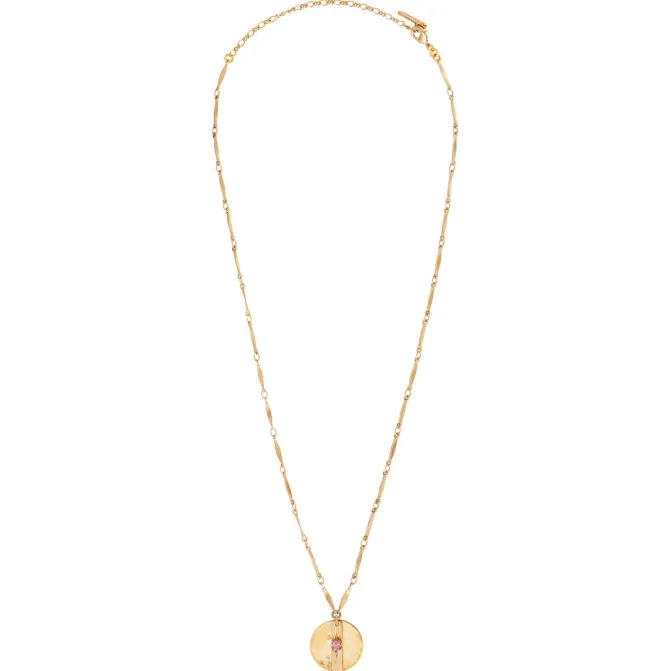 Sun pendant necklace in hammered metal with crystal - pink